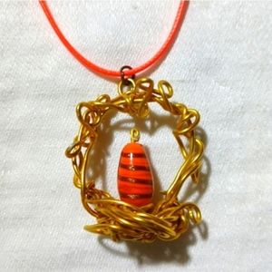 Dragon egg gold basket necklace pendant charm bird nest glass bead Easter orange
